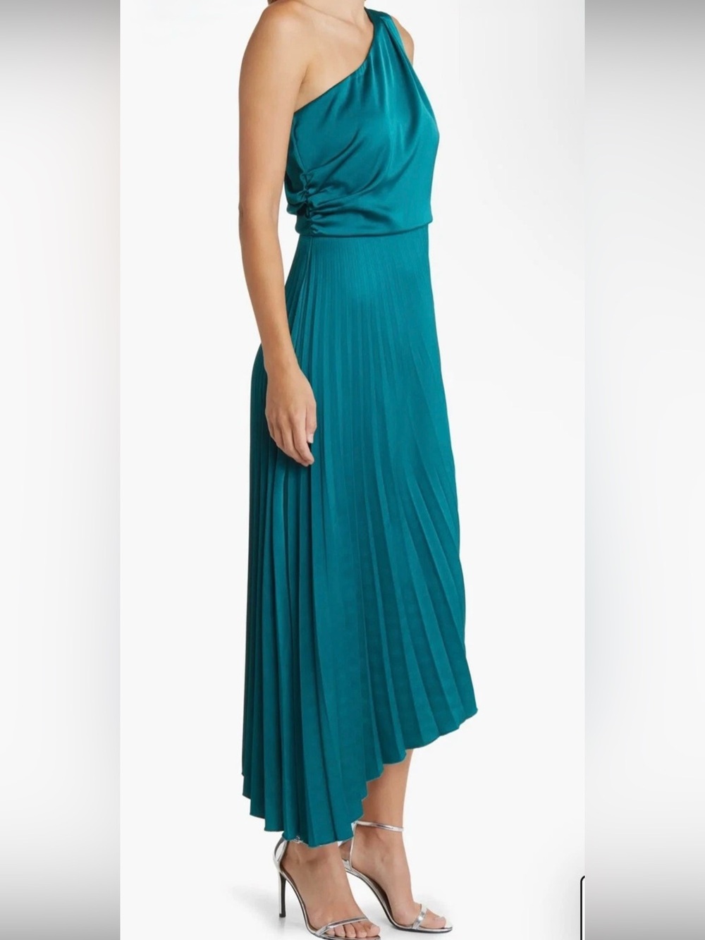 NWT Sam Edelman One-Shoulder Asymmetric Pleated Cocktail Dress Sz 8 Peacock Gree